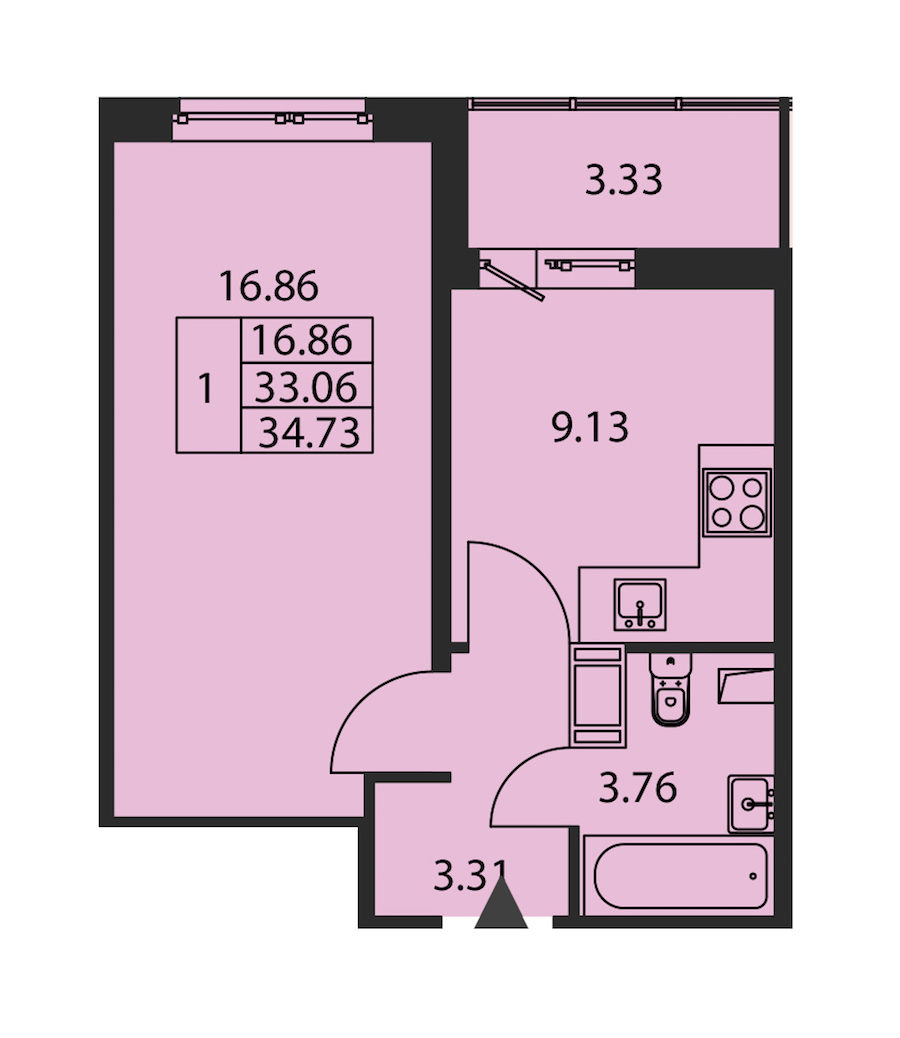1-комнатная квартира 33.06 м², 12/12 эт., ЖК «Полис ЛАВрики»